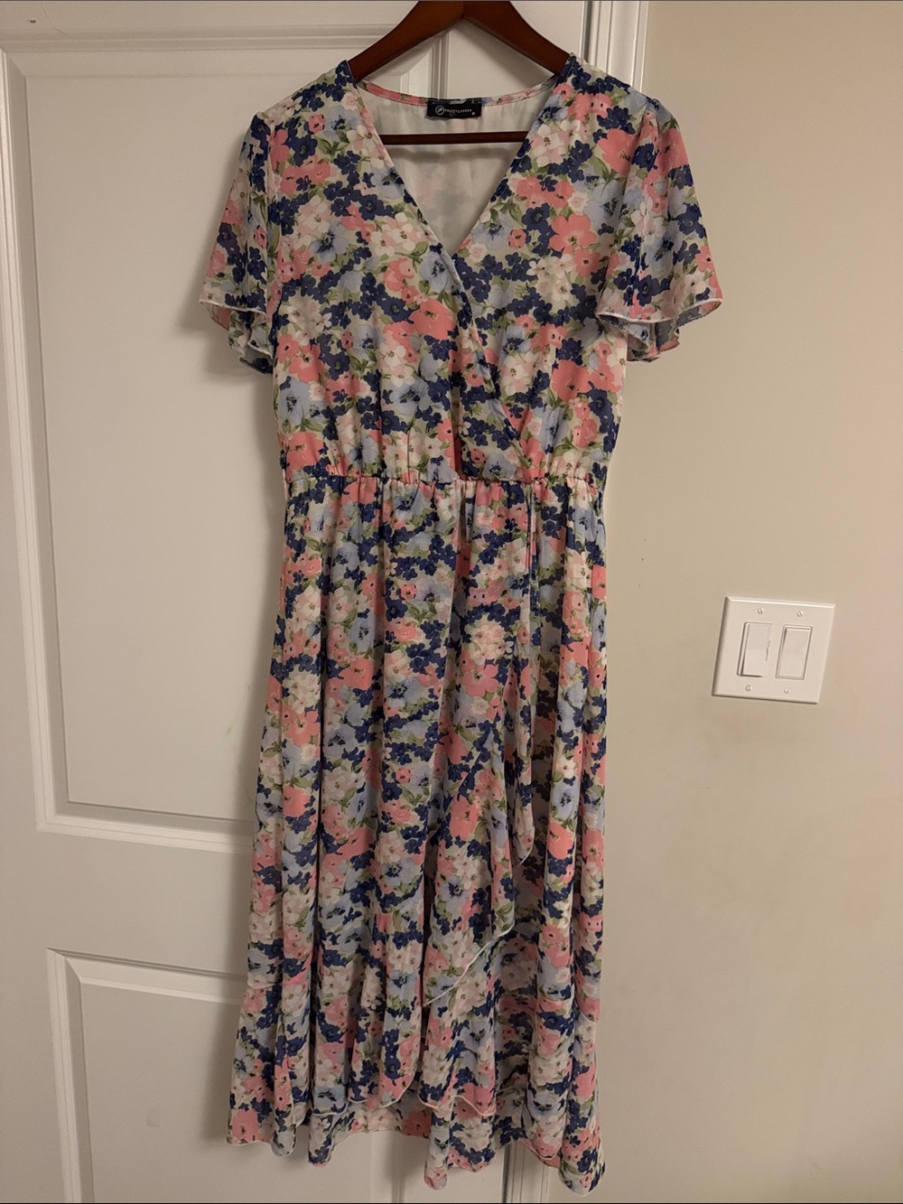 Floral Wrap Midi Dress in Pink, Blue & White
